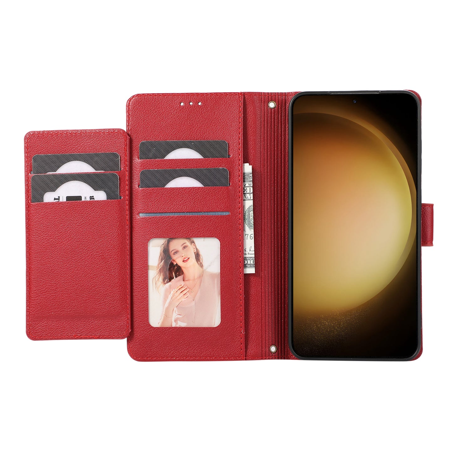 For Samsung Galaxy S24 Cell Phone Case PU Leather Stand Drop-proof Wallet Cover with 2 Straps - Red