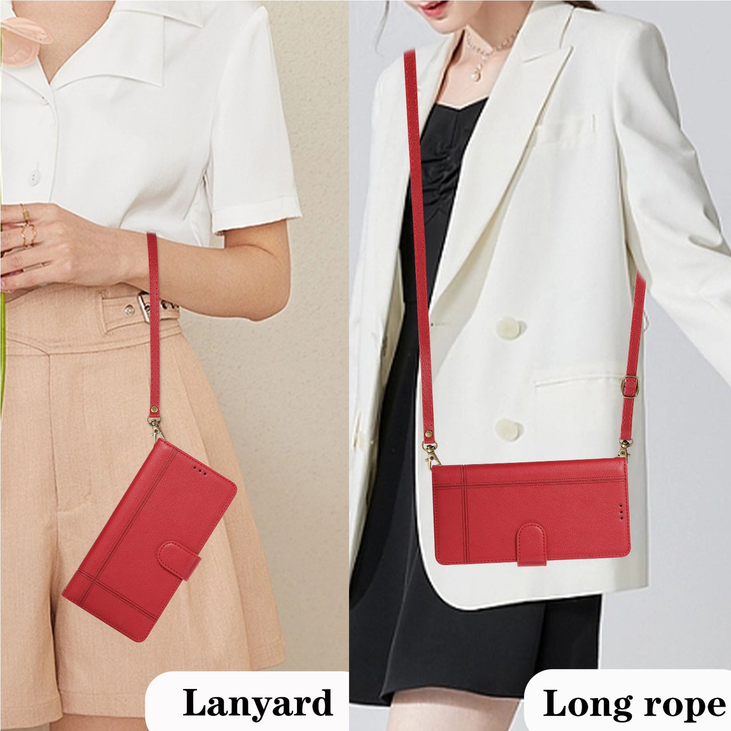 For Samsung Galaxy S24 Cell Phone Case PU Leather Stand Drop-proof Wallet Cover with 2 Straps - Red