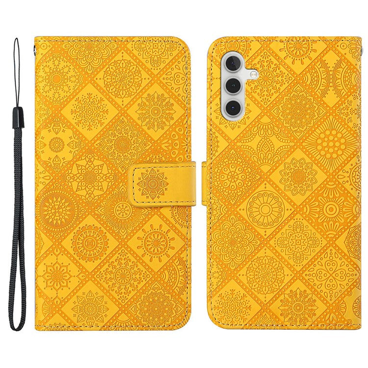 For Samsung Galaxy A35 5G Cell Phone Case Imprinted Ethnic Flower Leather Wallet Stand Cover - Yellow