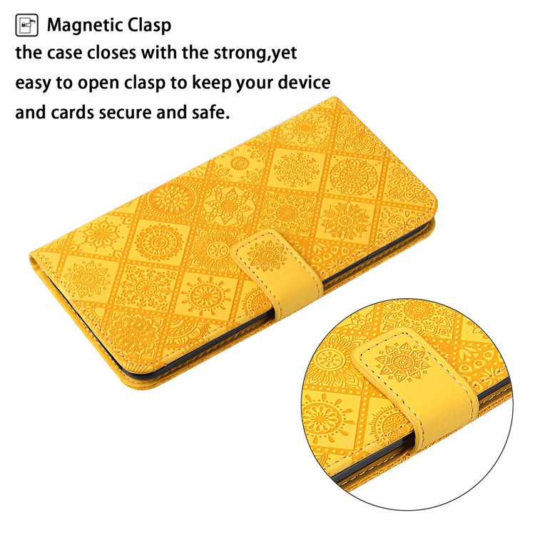 For Samsung Galaxy A35 5G Cell Phone Case Imprinted Ethnic Flower Leather Wallet Stand Cover - Yellow