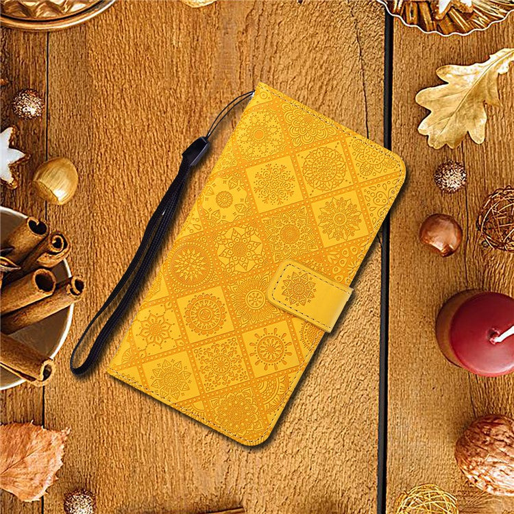 For Samsung Galaxy A35 5G Cell Phone Case Imprinted Ethnic Flower Leather Wallet Stand Cover - Yellow