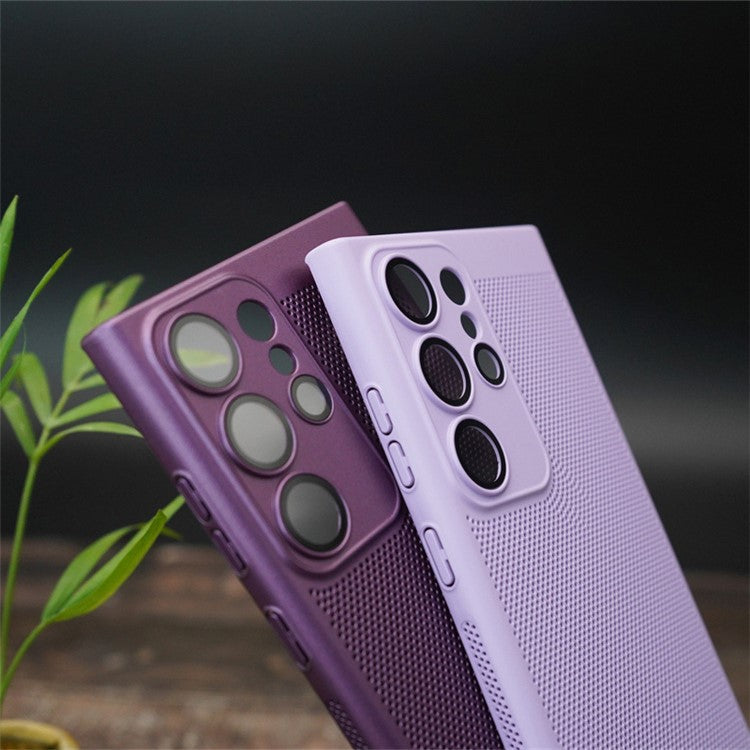 For Samsung Galaxy S22 Ultra 5G Heat Dissipation Phone Case Glass Lens Protector PC Cover - Taro Purple