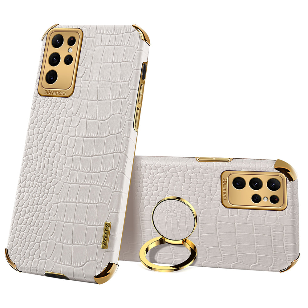 For Samsung Galaxy S24 Ultra Cell Phone Case Crocodile Texture Ring Kickstand Leather+TPU Cover - White
