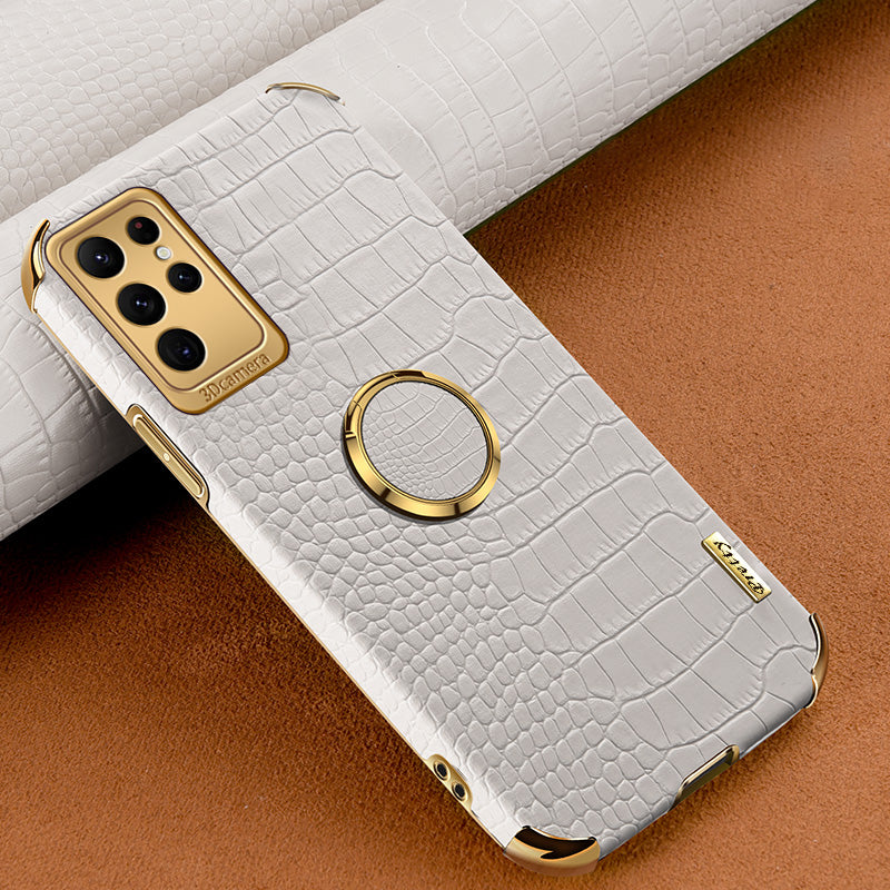 For Samsung Galaxy S24 Ultra Cell Phone Case Crocodile Texture Ring Kickstand Leather+TPU Cover - White