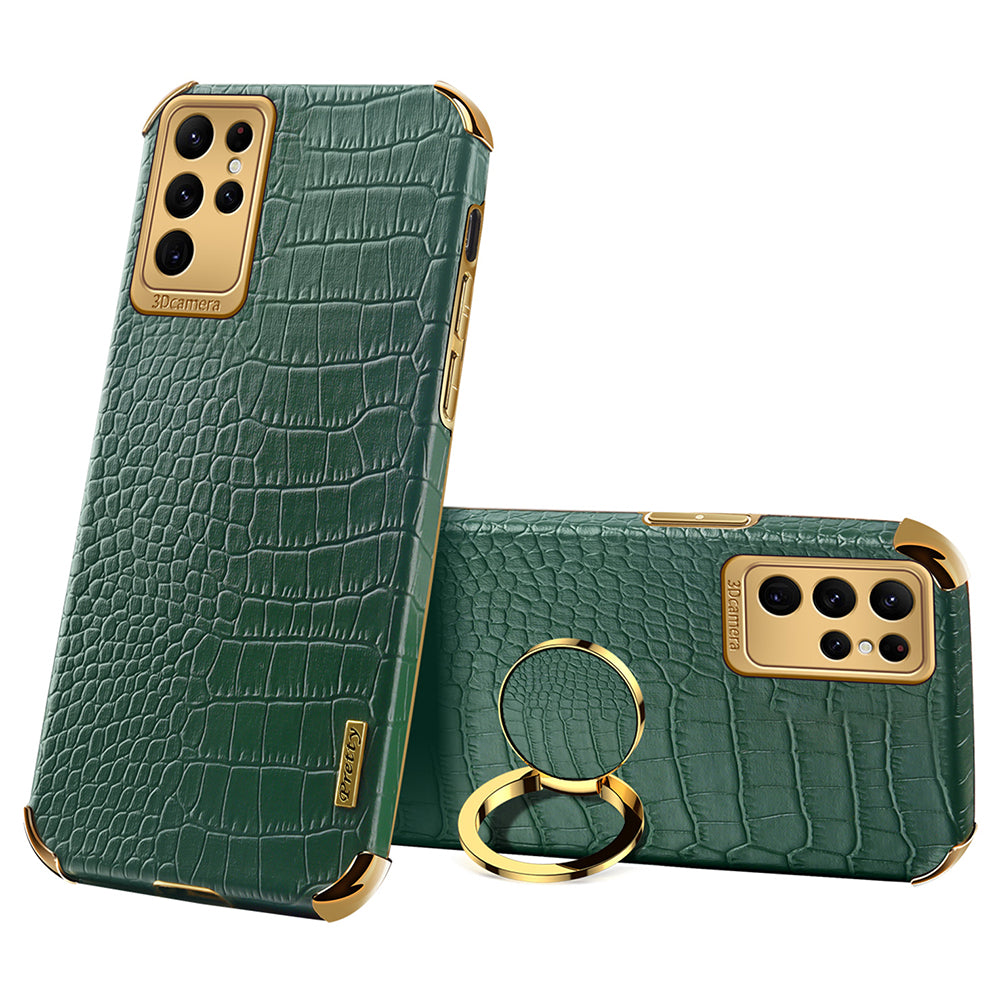 For Samsung Galaxy S24 Ultra Cell Phone Case Crocodile Texture Ring Kickstand Leather+TPU Cover - Green
