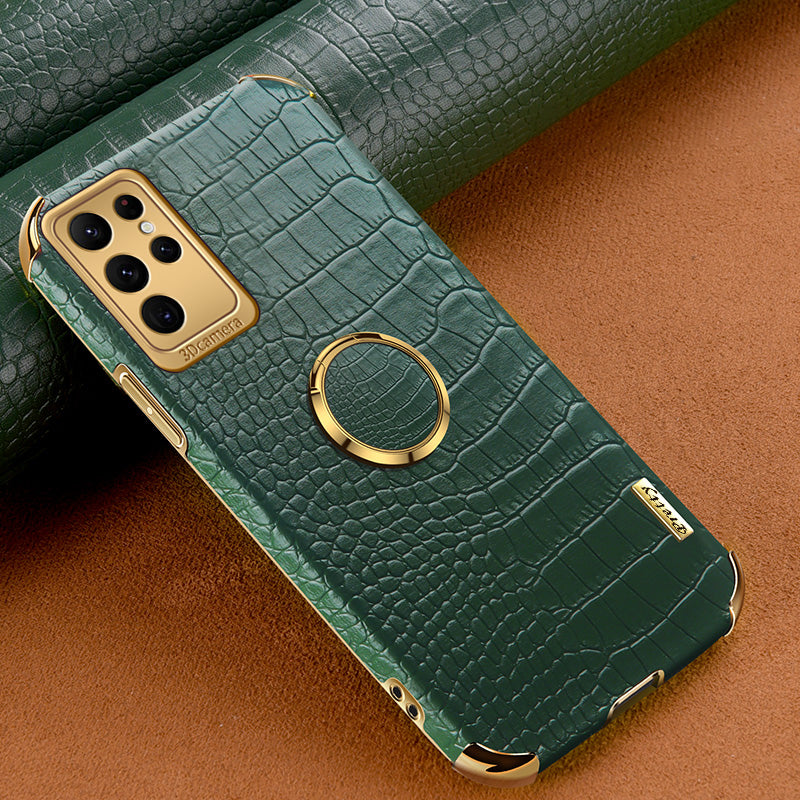 For Samsung Galaxy S24 Ultra Cell Phone Case Crocodile Texture Ring Kickstand Leather+TPU Cover - Green