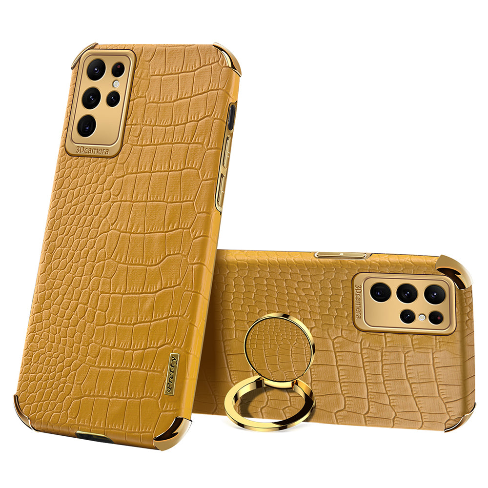 For Samsung Galaxy S24 Ultra Cell Phone Case Crocodile Texture Ring Kickstand Leather+TPU Cover - Yellow