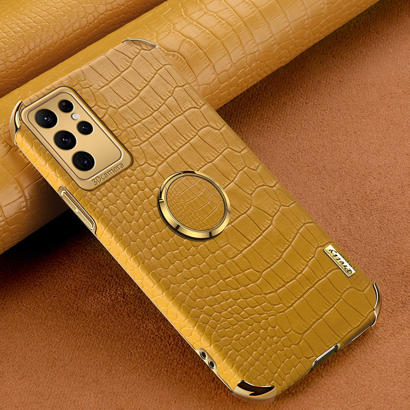 For Samsung Galaxy S24 Ultra Cell Phone Case Crocodile Texture Ring Kickstand Leather+TPU Cover - Yellow
