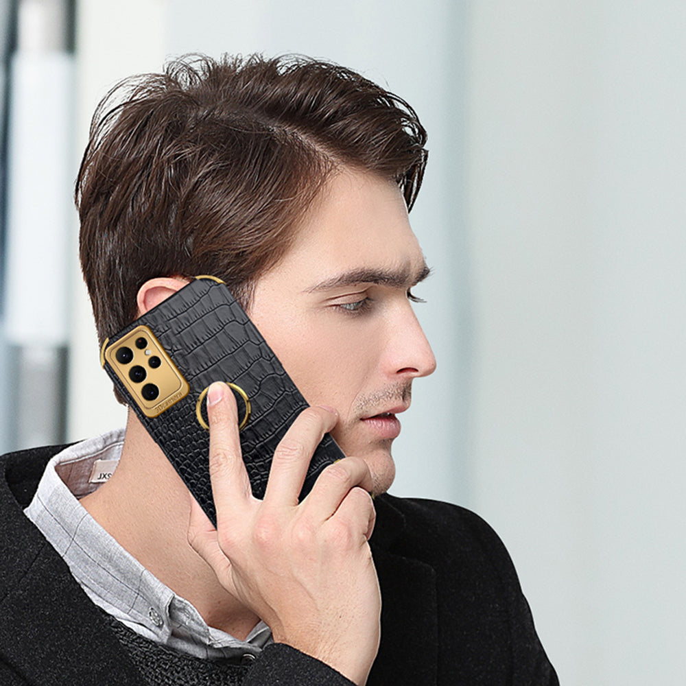 For Samsung Galaxy S24 Ultra Cell Phone Case Crocodile Texture Ring Kickstand Leather+TPU Cover - Yellow