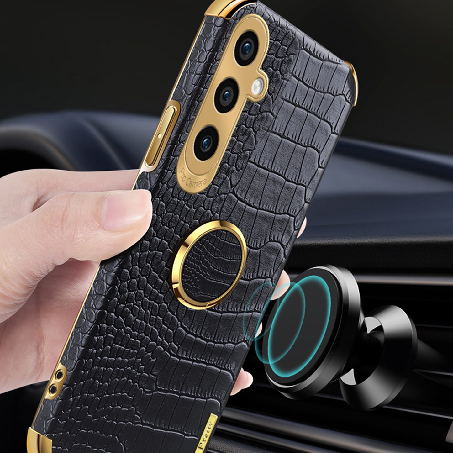 For Samsung Galaxy S24+ Cell Phone Case Crocodile Texture Leather+TPU Back Cover with Ring Kickstand - Yellow