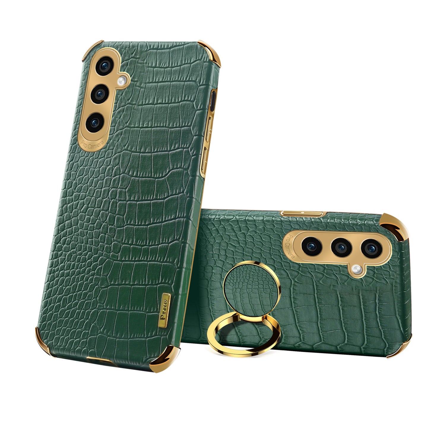 For Samsung Galaxy S24 Case Crocodile Texture Electroplated Leather+TPU Phone Cover with Kickstand - Green
