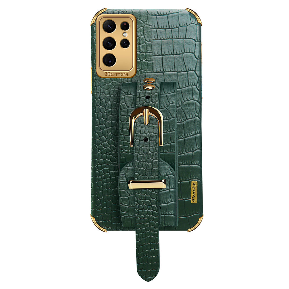 For Samsung Galaxy S24 Ultra Cell Phone Case Electroplating Leather+TPU Cover with Wristband - Green
