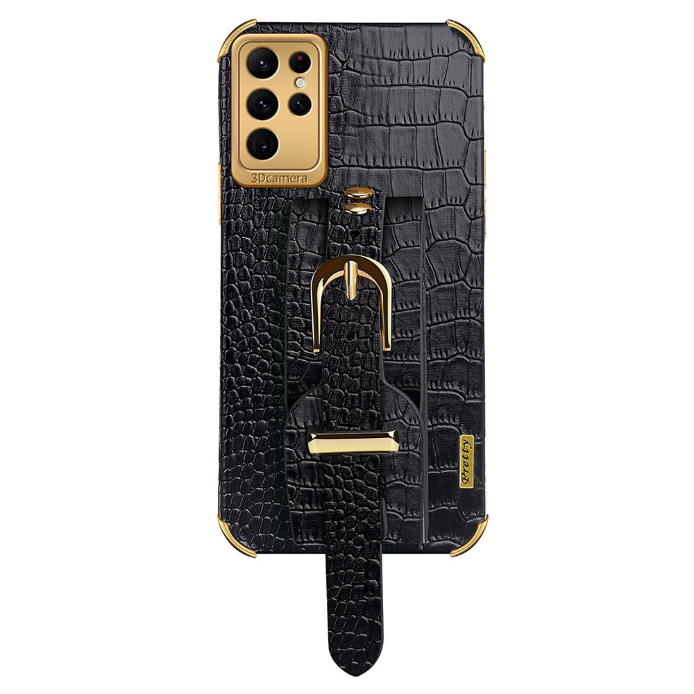 For Samsung Galaxy S24 Ultra Cell Phone Case Electroplating Leather+TPU Cover with Wristband - Black