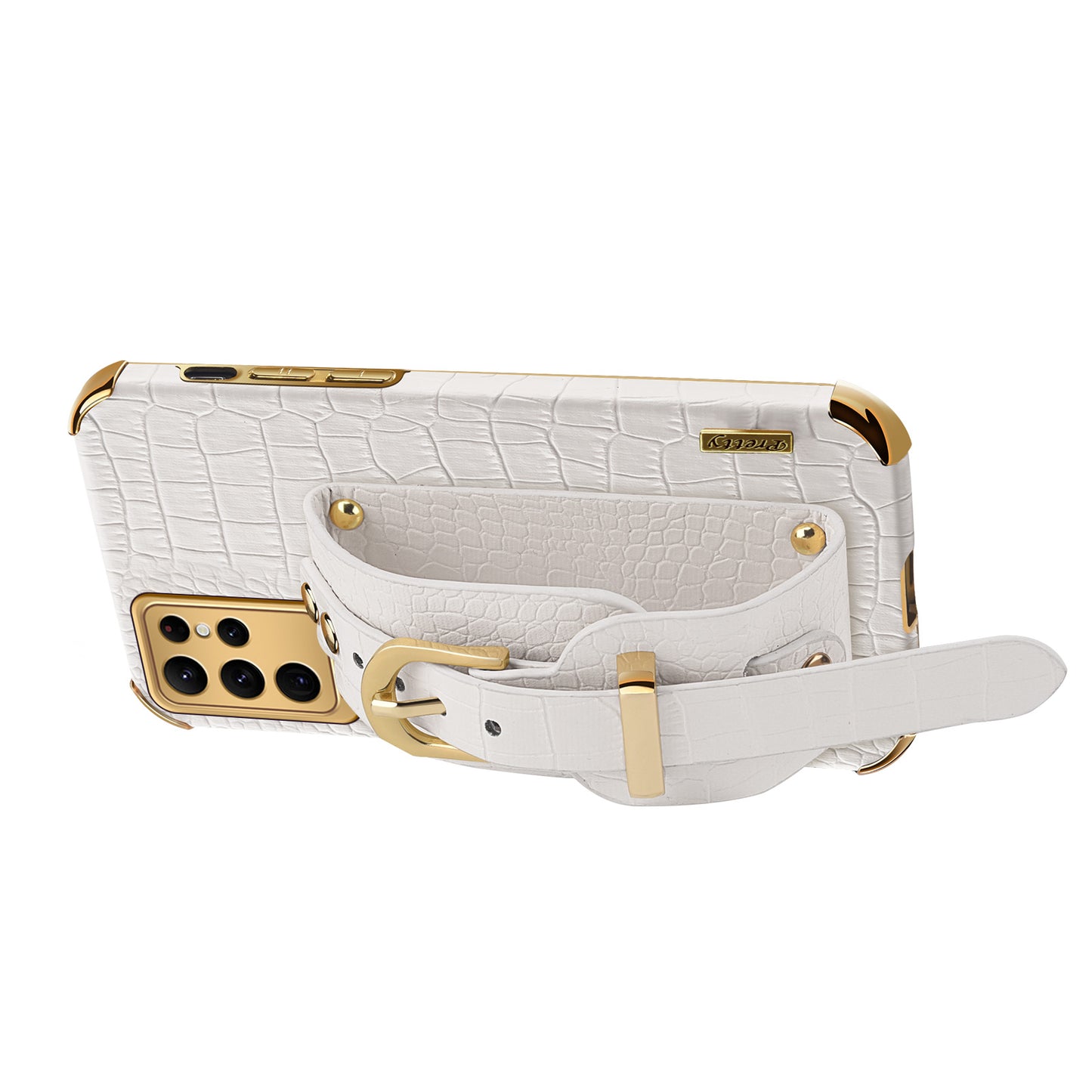 For Samsung Galaxy S24 Ultra Cell Phone Case Electroplating Leather+TPU Cover with Wristband - Black