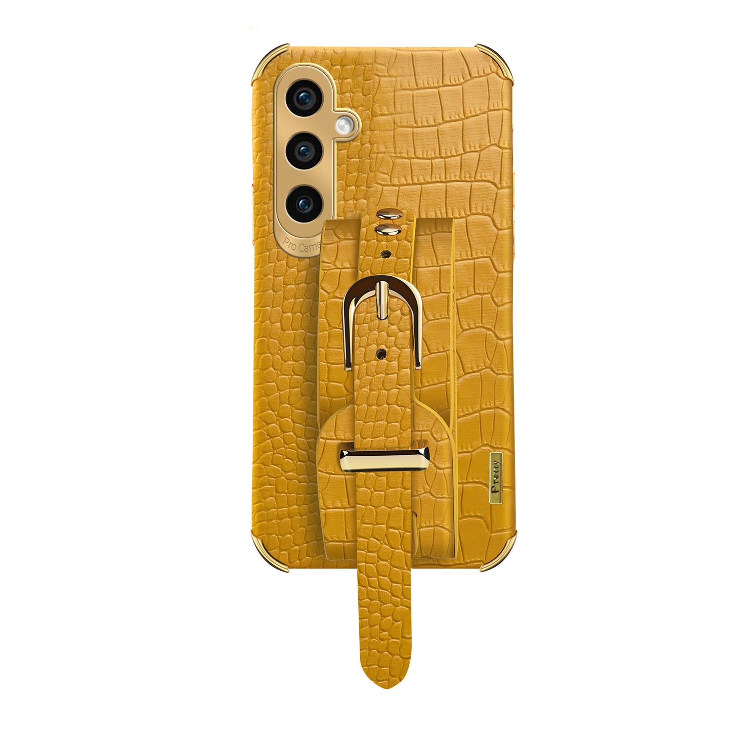For Samsung Galaxy S24 Cell Phone Case Wristband Design 6D Electroplating Crocodile Texture Back Cover - Yellow