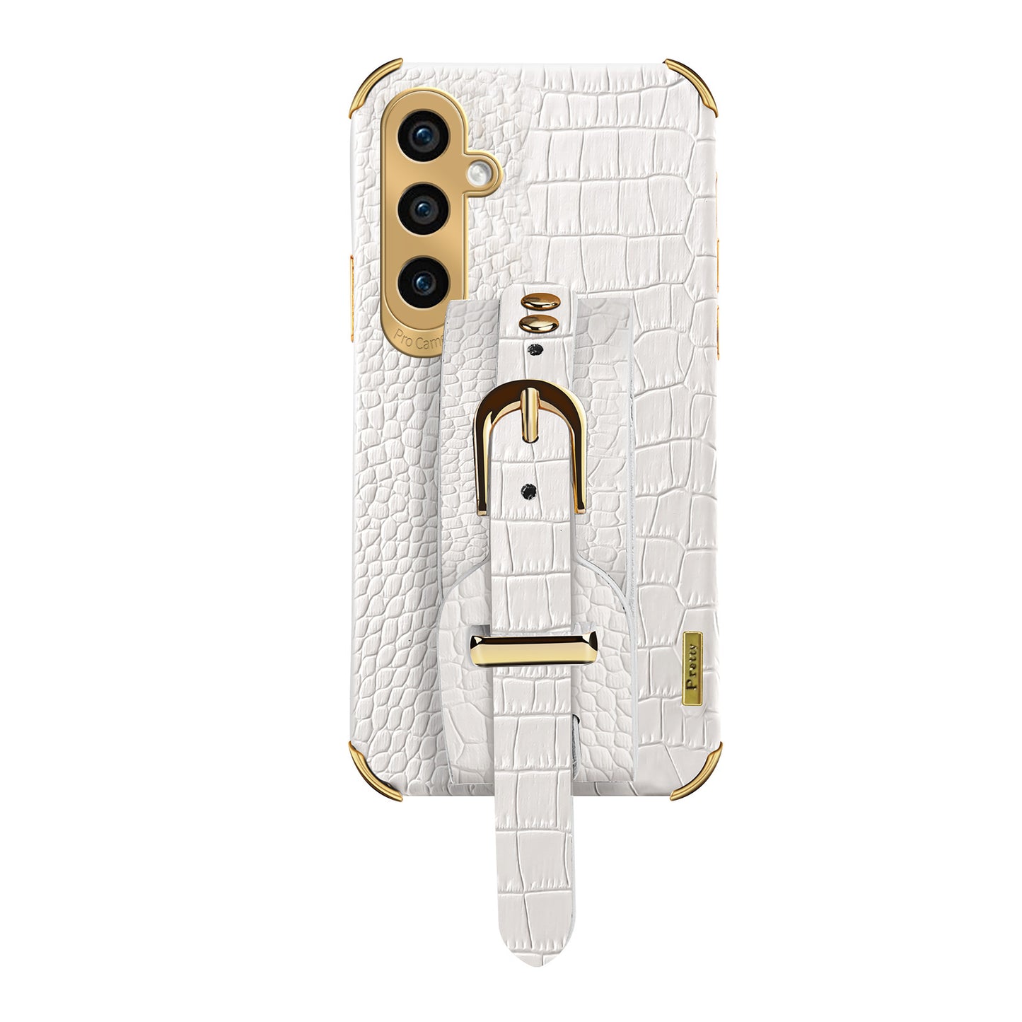 For Samsung Galaxy S24 Cell Phone Case Wristband Design 6D Electroplating Crocodile Texture Back Cover - White