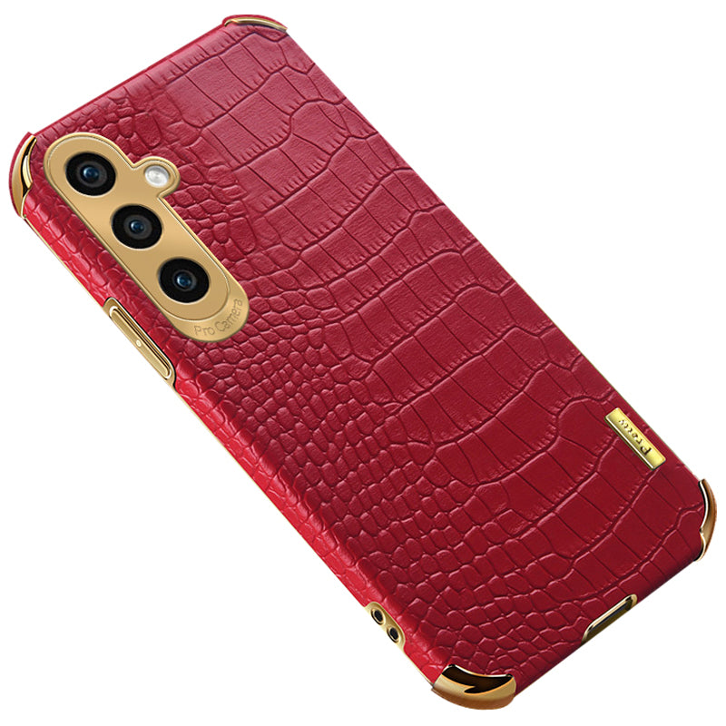 For Samsung Galaxy S24 Cell Phone Case Crocodile Texture 6D Electroplating Shockproof Cover - Red