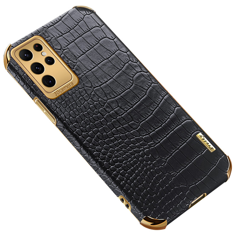 For Samsung Galaxy S24 Ultra Cell Phone Case Electroplated TPU+PU Crocodile Texture Back Cover - Black