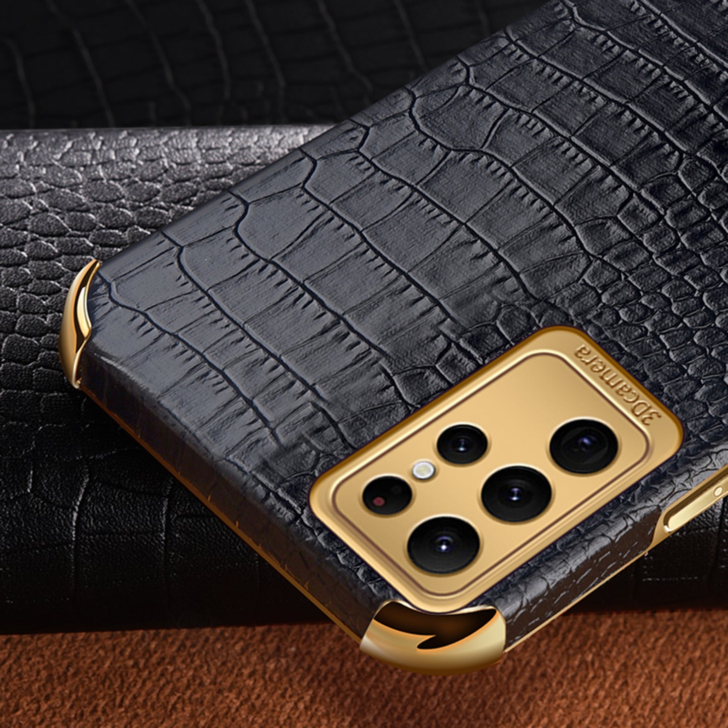 For Samsung Galaxy S24 Ultra Cell Phone Case Electroplated TPU+PU Crocodile Texture Back Cover - Black