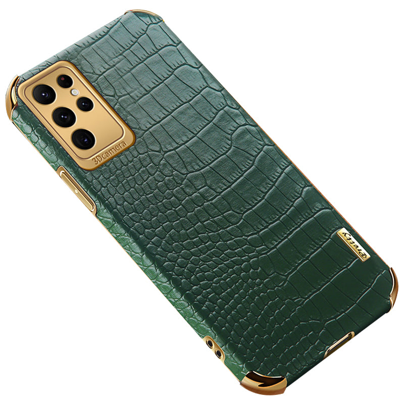 For Samsung Galaxy S24 Ultra Cell Phone Case Electroplated TPU+PU Crocodile Texture Back Cover - Green