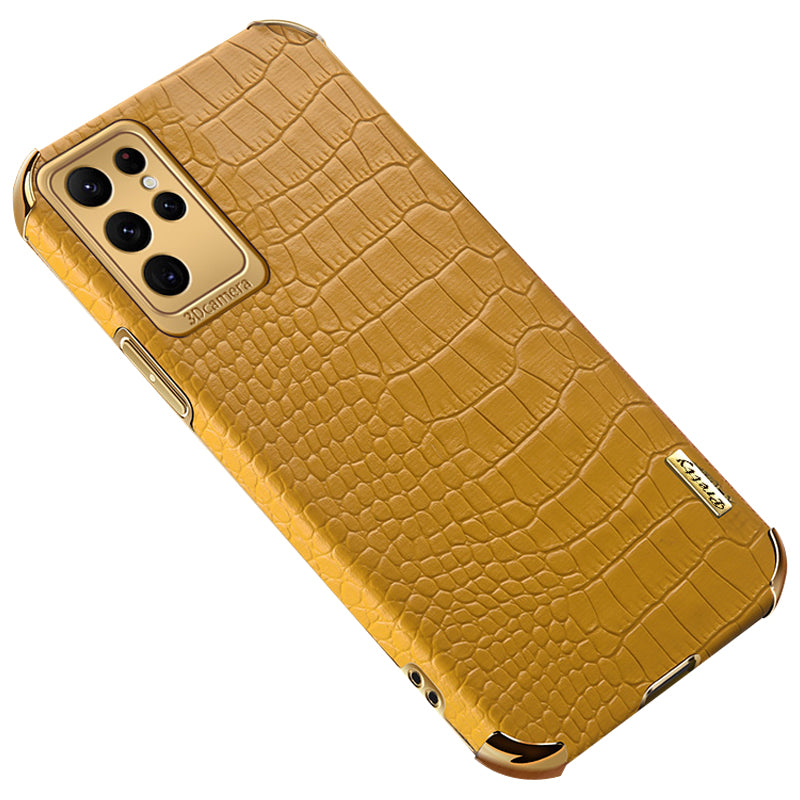 For Samsung Galaxy S24 Ultra Cell Phone Case Electroplated TPU+PU Crocodile Texture Back Cover - Yellow