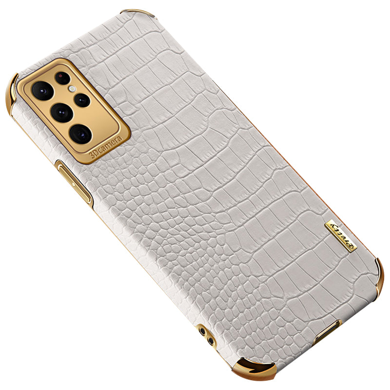For Samsung Galaxy S24 Ultra Cell Phone Case Electroplated TPU+PU Crocodile Texture Back Cover - White