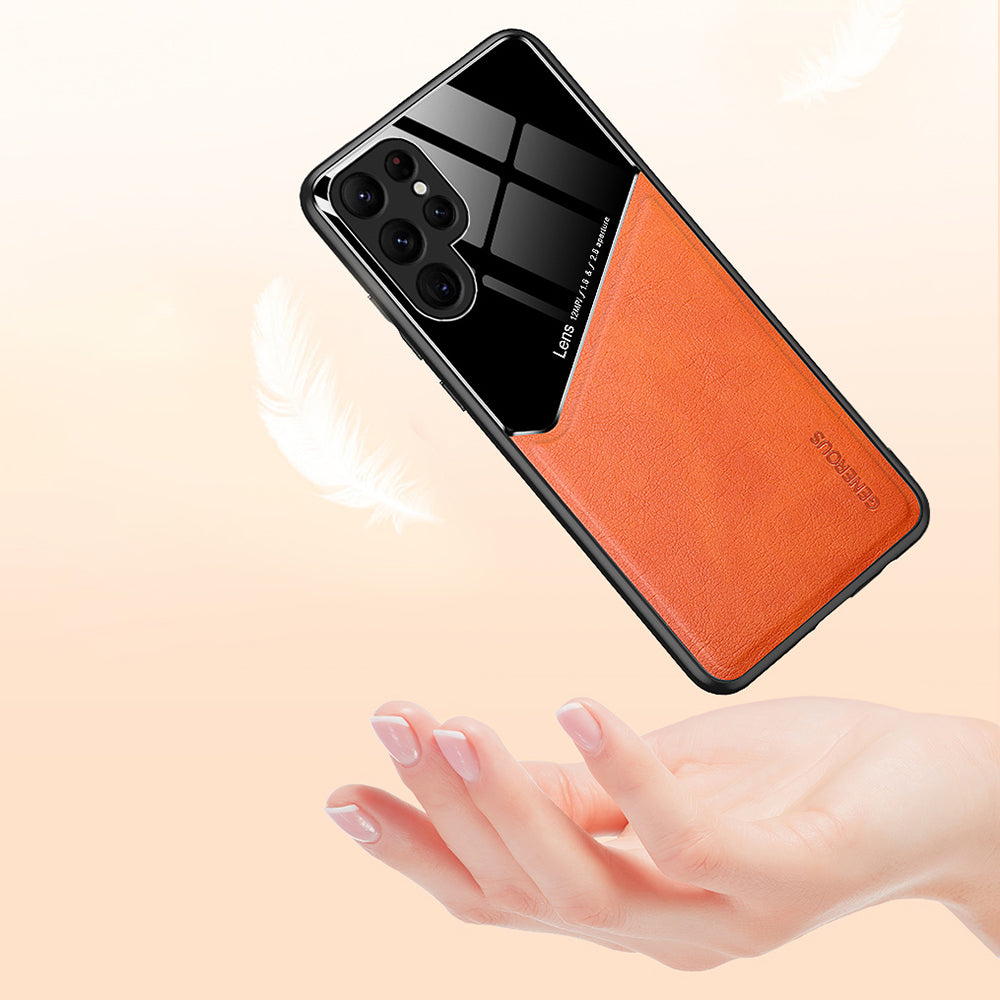 For Samsung Galaxy S24 Ultra Case Magnetic Car Mount Back Guard PU+TPU+PC Cover - Orange