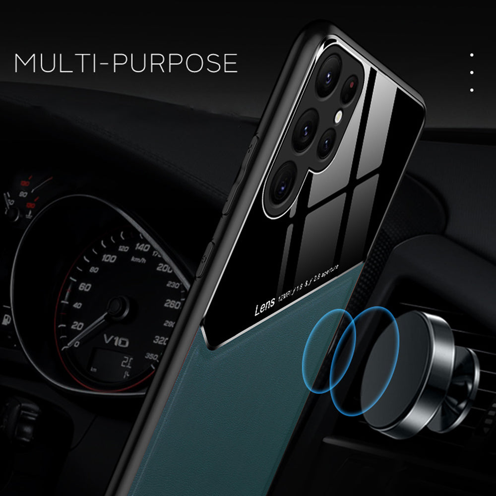 For Samsung Galaxy S24 Ultra Case Magnetic Car Mount Back Guard PU+TPU+PC Cover - Blue