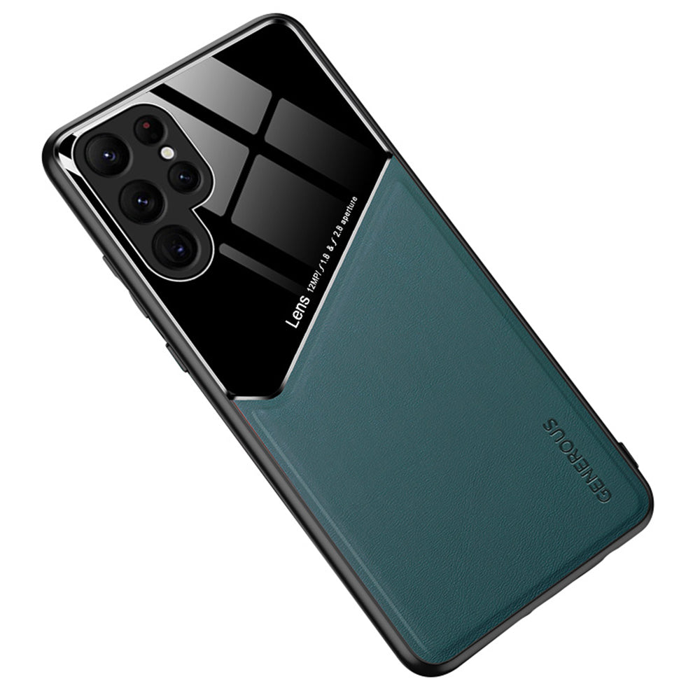 For Samsung Galaxy S24 Ultra Case Magnetic Car Mount Back Guard PU+TPU+PC Cover - Green