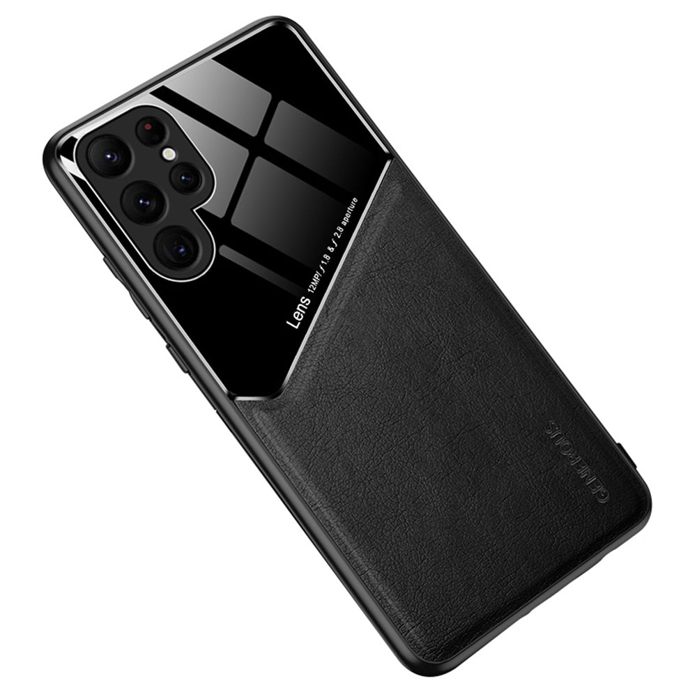 For Samsung Galaxy S24 Ultra Case Magnetic Car Mount Back Guard PU+TPU+PC Cover - Black