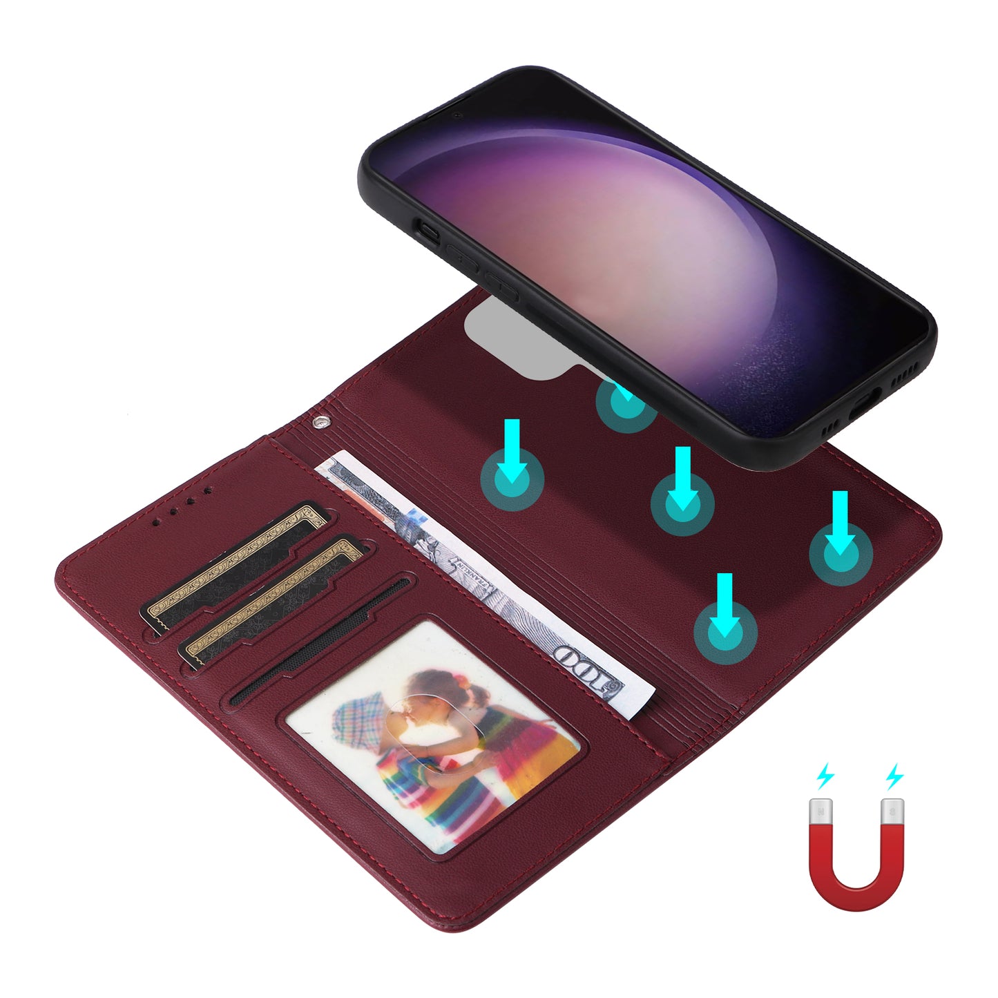 BETOPNICE 005 For Samsung Galaxy S24 Ultra Leather Case Magnetic Detachable Phone Cover - Wine Red