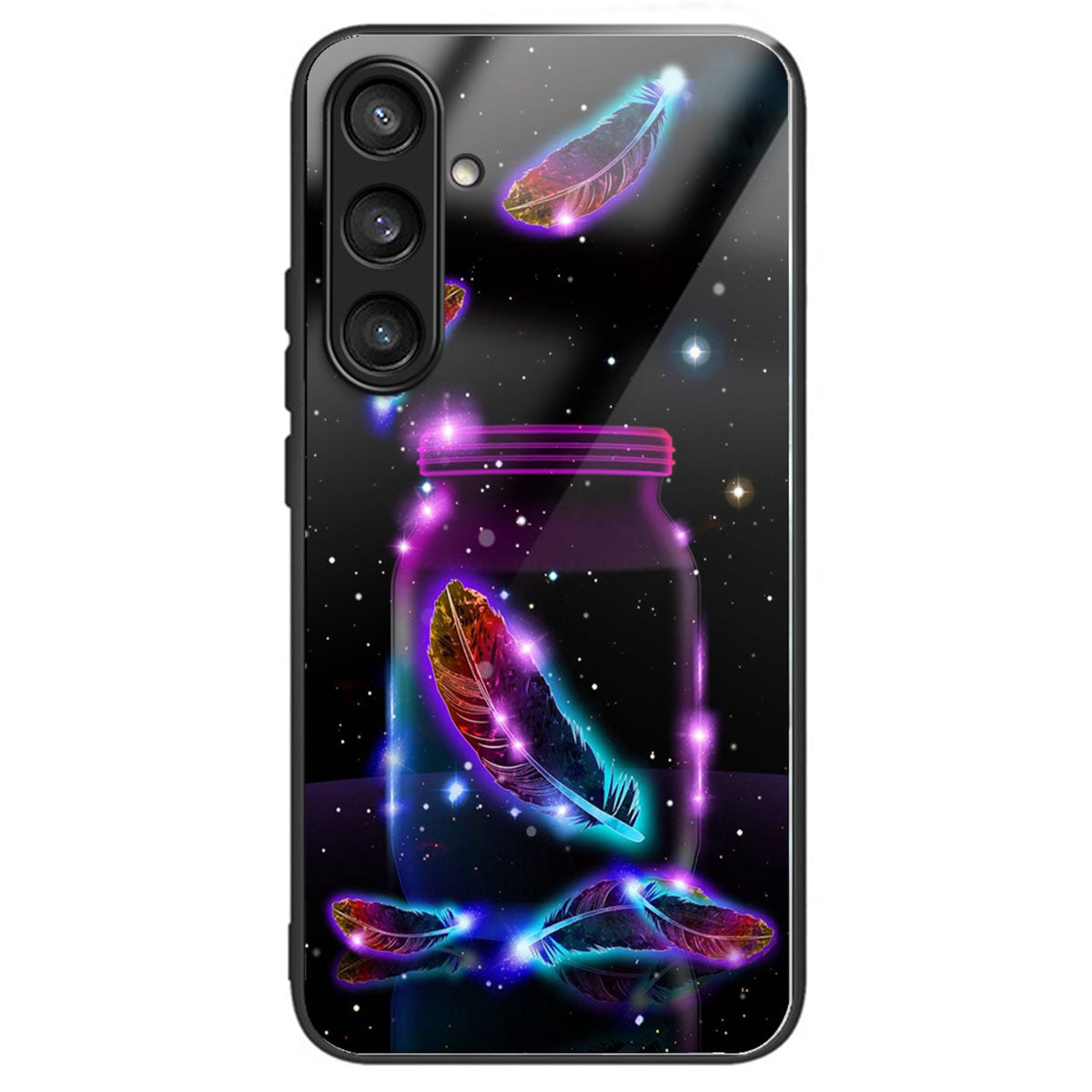 For Samsung Galaxy S24 Tempered Glass Back Case TPU Edge Phone Cover - Fluorescent Feather
