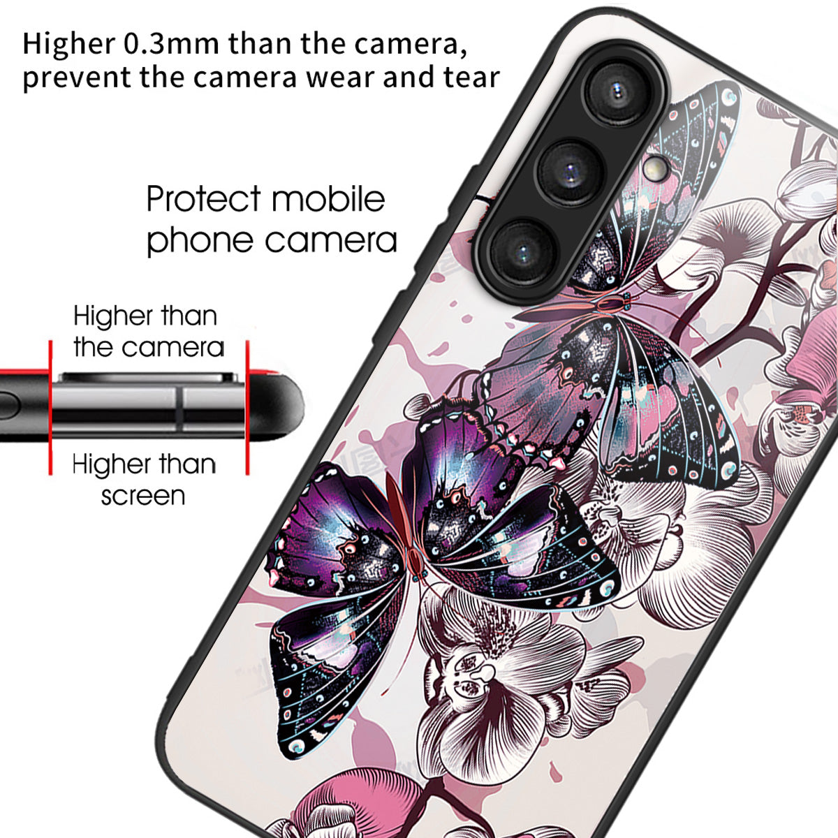 For Samsung Galaxy S24+ Pattern Phone Case Tempered Glass TPU Hybrid Shockproof Cover - Purple Butterflies