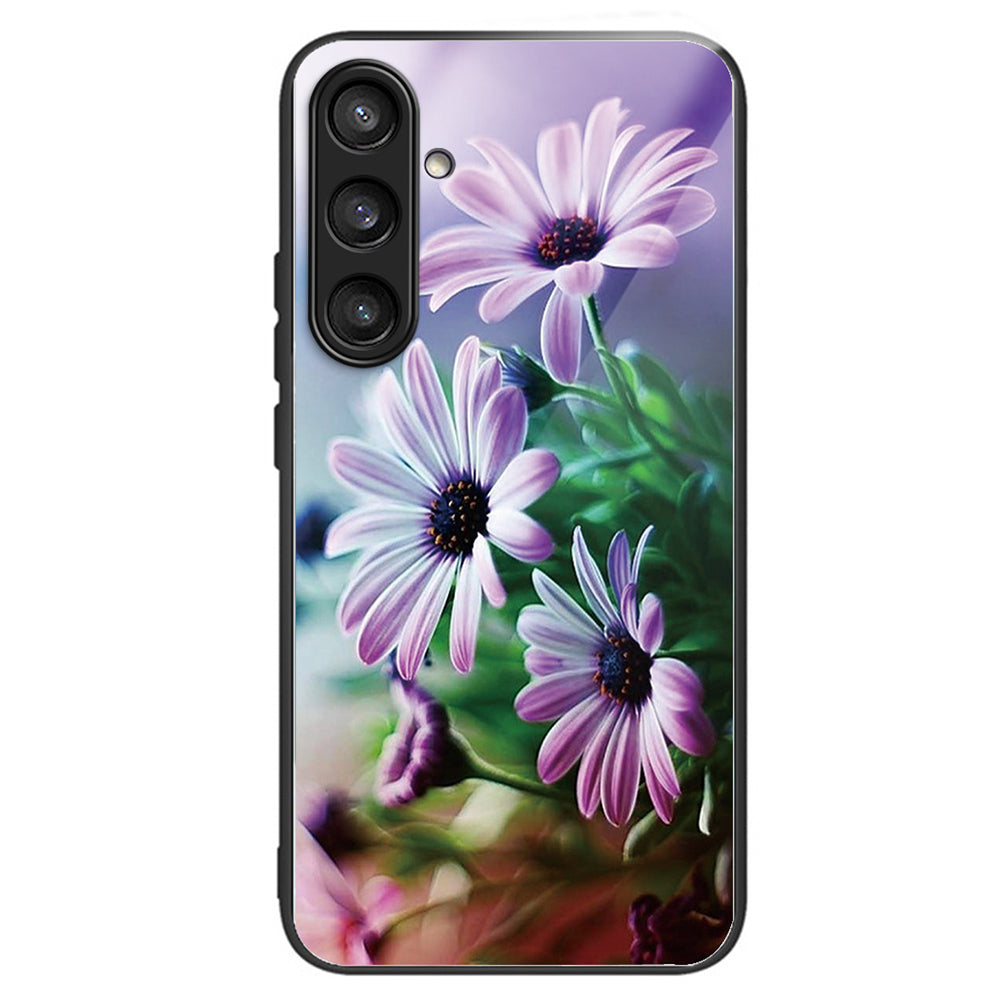 For Samsung Galaxy S24+ Pattern Phone Case Tempered Glass TPU Hybrid Shockproof Cover - Purple Chrysanthemum