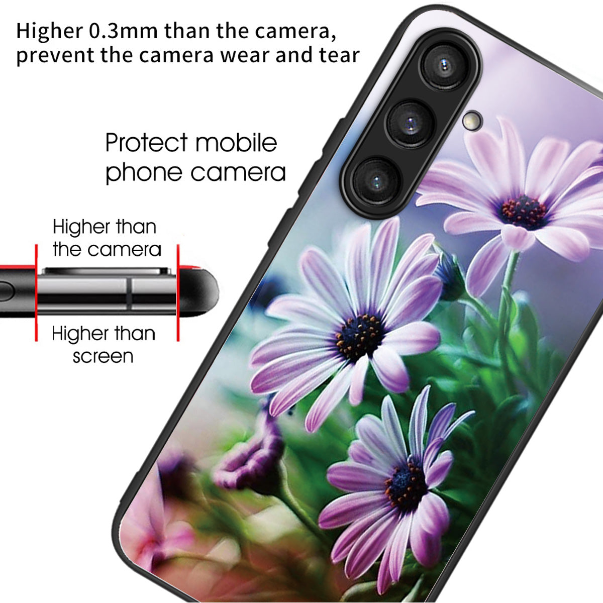 For Samsung Galaxy S24+ Pattern Phone Case Tempered Glass TPU Hybrid Shockproof Cover - Purple Chrysanthemum