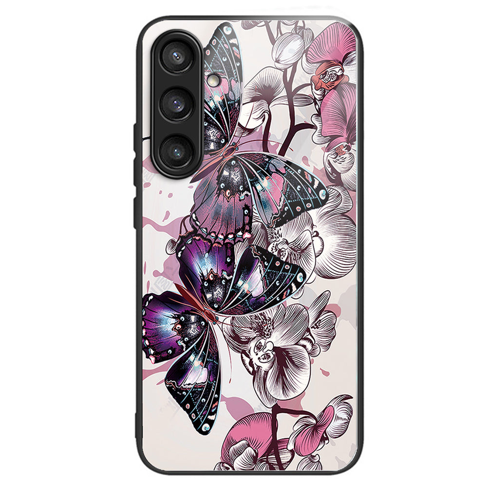 For Samsung Galaxy S24 Pattern Hard Back Cover Tempered Glass Phone Case Anti-scratch - Purple Butterflies