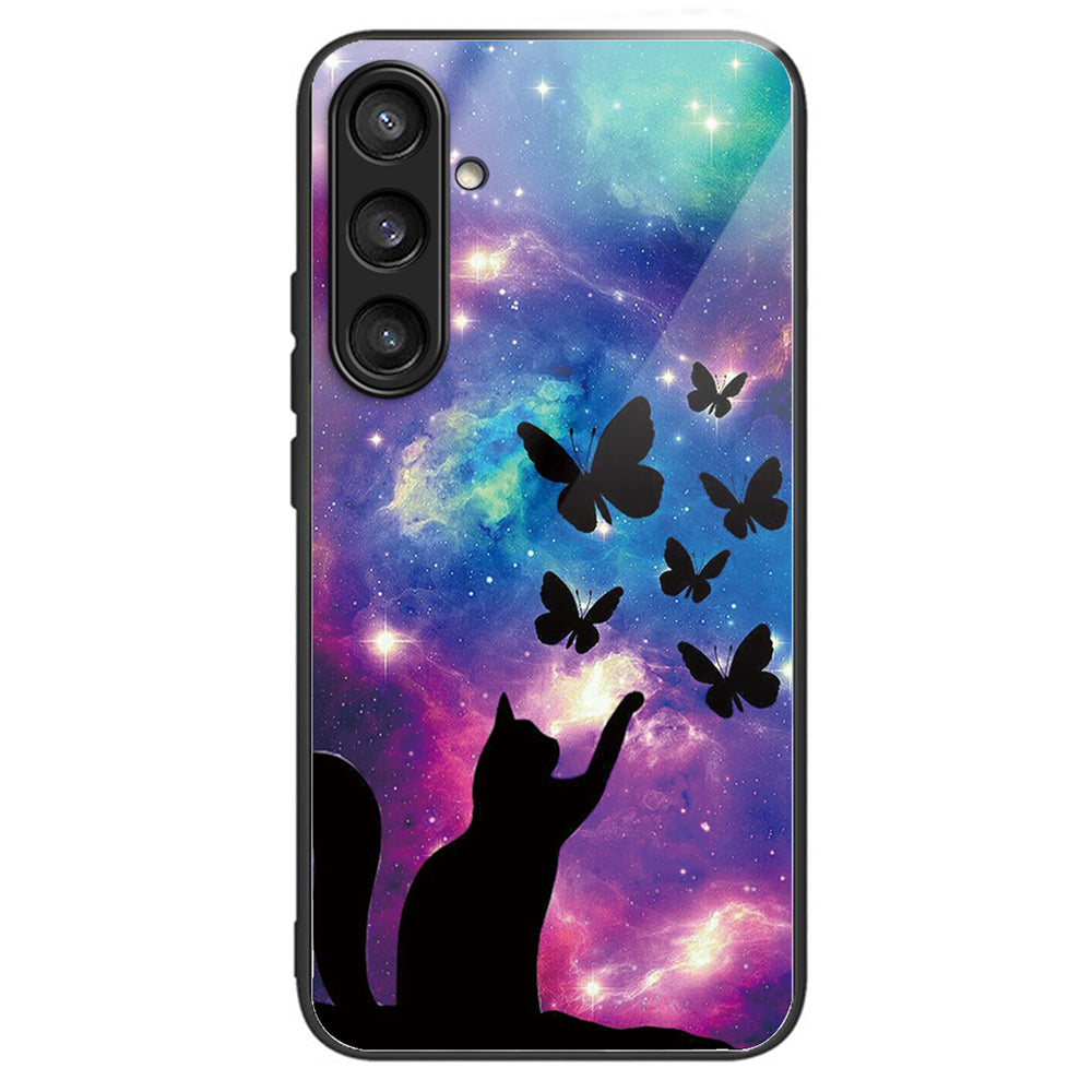 For Samsung Galaxy S24 Pattern Hard Back Cover Tempered Glass Phone Case Anti-scratch - Cat and Butterflies