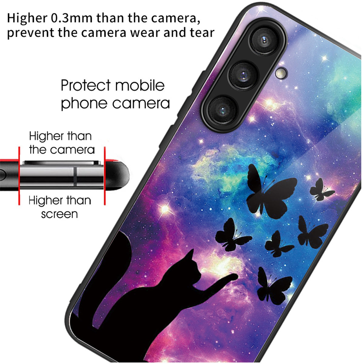 For Samsung Galaxy S24 Pattern Hard Back Cover Tempered Glass Phone Case Anti-scratch - Cat and Butterflies