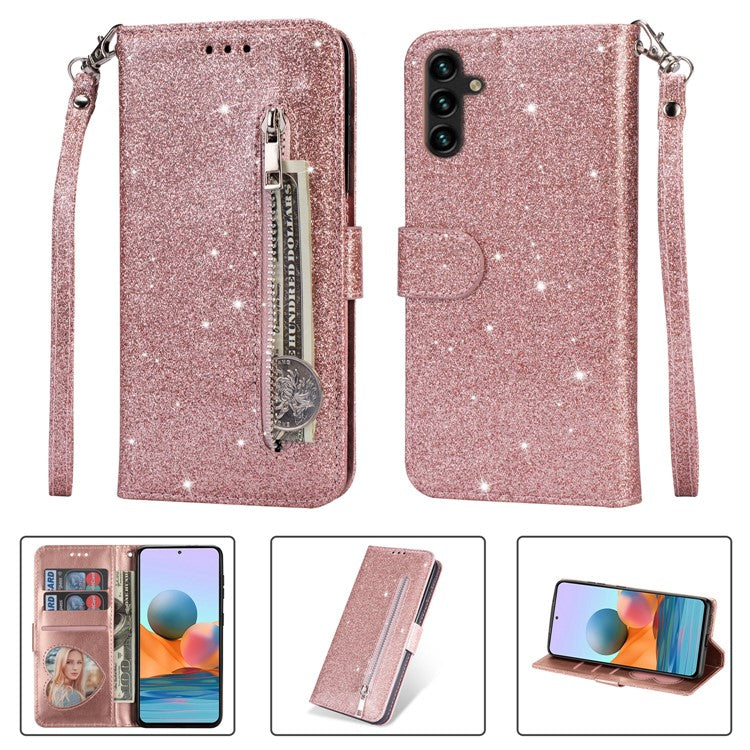 For Samsung Galaxy A35 5G Case Glitter Phone Stand Leather Drop-proof Cover with Zipper Pocket - Rose Gold