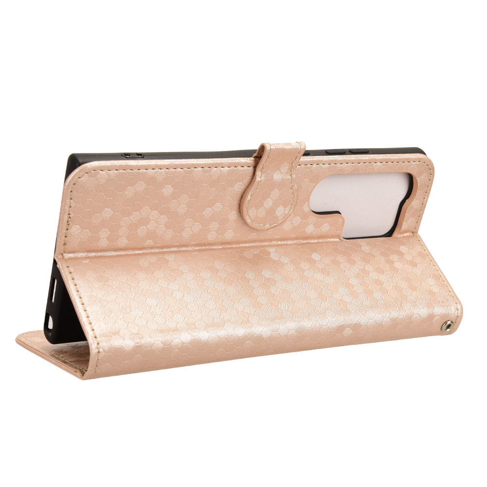 For Samsung Galaxy S24 Ultra Cell Phone Case PU Leather Wallet Imprinted Foldable Stand Cover - Rose Gold