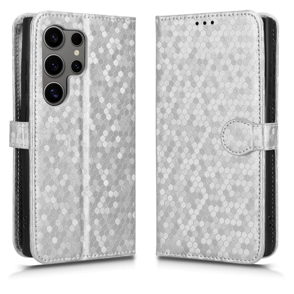 For Samsung Galaxy S24 Ultra Cell Phone Case PU Leather Wallet Imprinted Foldable Stand Cover - Silver