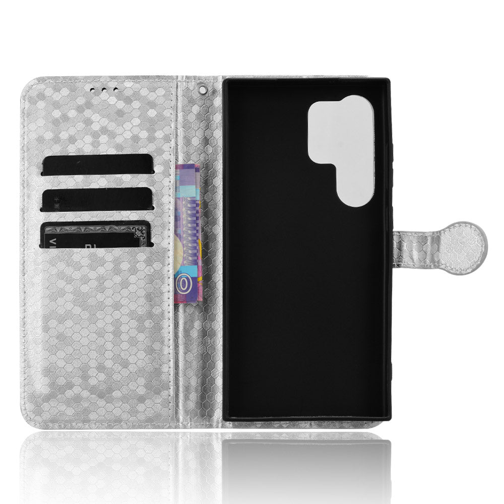 For Samsung Galaxy S24 Ultra Cell Phone Case PU Leather Wallet Imprinted Foldable Stand Cover - Silver