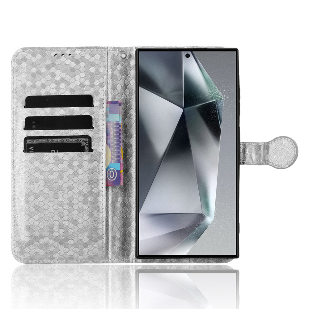 For Samsung Galaxy S24 Ultra Cell Phone Case PU Leather Wallet Imprinted Foldable Stand Cover - Silver