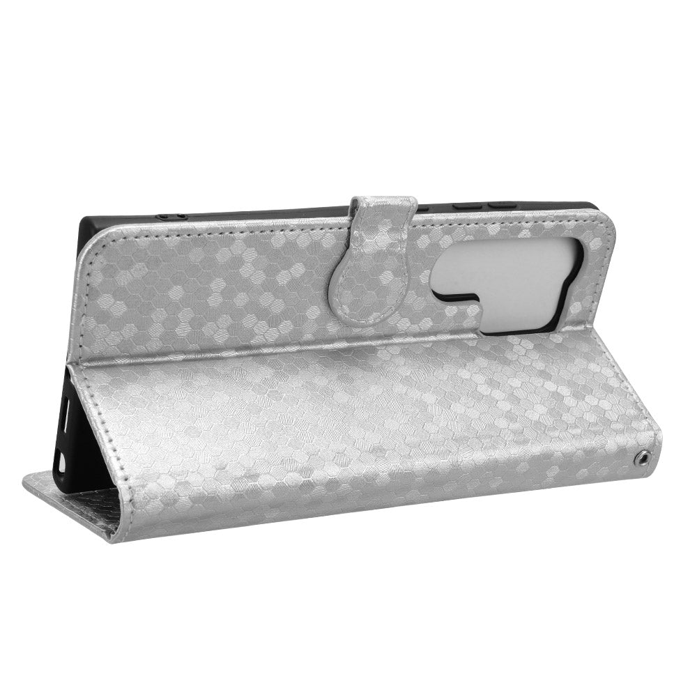 For Samsung Galaxy S24 Ultra Cell Phone Case PU Leather Wallet Imprinted Foldable Stand Cover - Silver