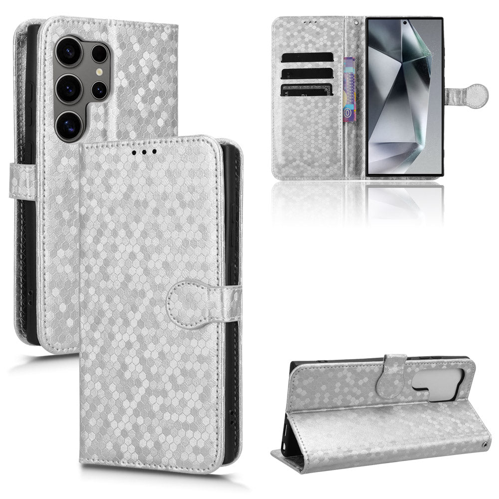 For Samsung Galaxy S24 Ultra Cell Phone Case PU Leather Wallet Imprinted Foldable Stand Cover - Silver