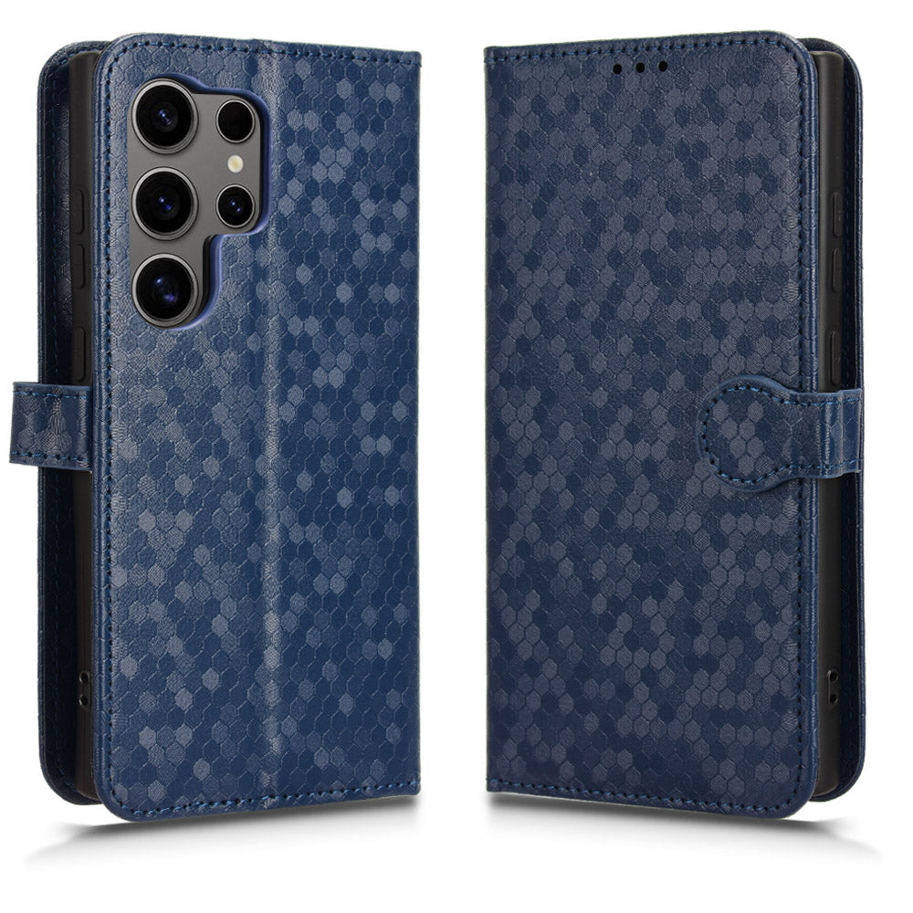 For Samsung Galaxy S24 Ultra Cell Phone Case PU Leather Wallet Imprinted Foldable Stand Cover - Dark Blue