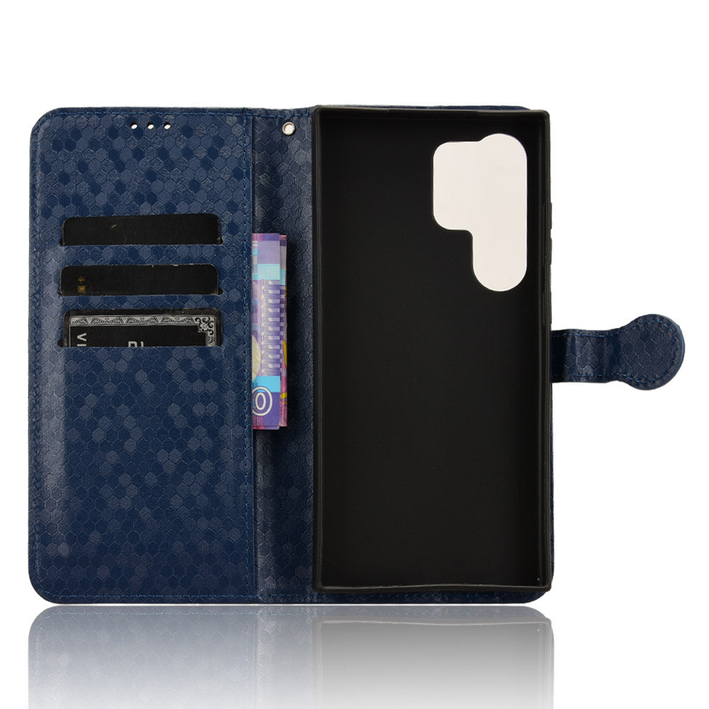 For Samsung Galaxy S24 Ultra Cell Phone Case PU Leather Wallet Imprinted Foldable Stand Cover - Dark Blue
