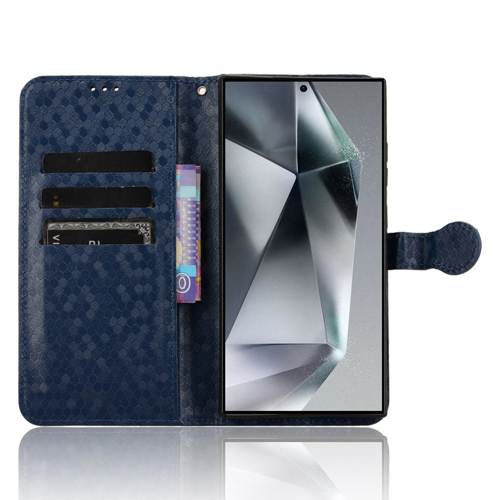 For Samsung Galaxy S24 Ultra Cell Phone Case PU Leather Wallet Imprinted Foldable Stand Cover - Dark Blue