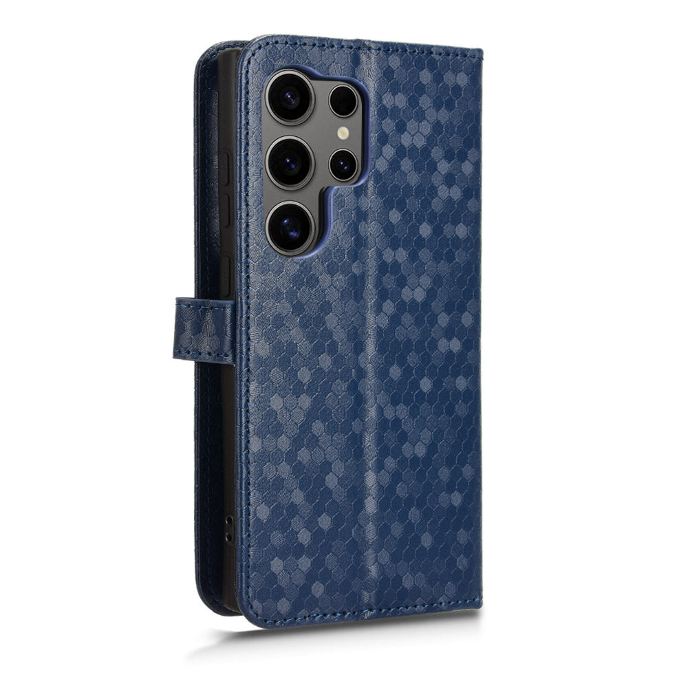 For Samsung Galaxy S24 Ultra Cell Phone Case PU Leather Wallet Imprinted Foldable Stand Cover - Dark Blue