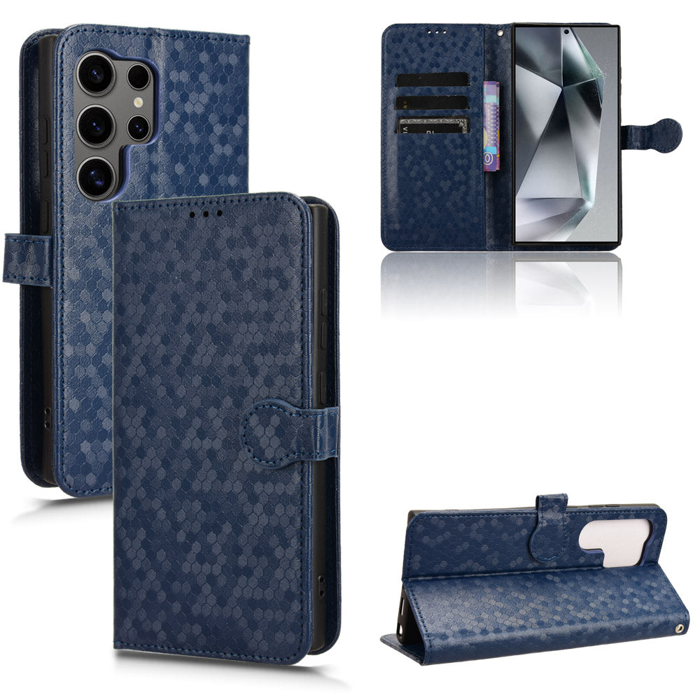 For Samsung Galaxy S24 Ultra Cell Phone Case PU Leather Wallet Imprinted Foldable Stand Cover - Dark Blue